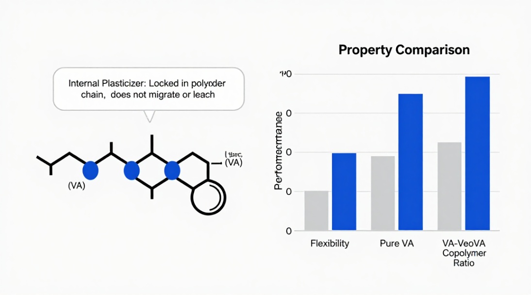 Molecular origin of key advantages: the internal VeoVA plasticizer provides permanent flexibility, مقاومت در برابر آب, and superior cost-performance.