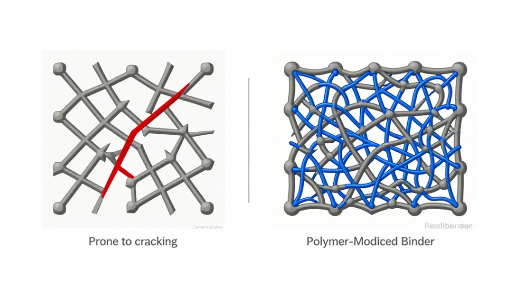Infographic: The inherent structural difference between a brittle cement binder and a flexible polymer-modified binder system.